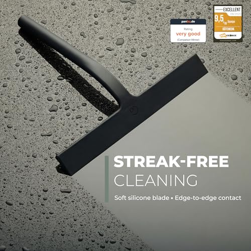 GÜTEWERK Silicone Shower Squeegee for Glass Doors & Mirrors with Stainless Steel Core, Streak-Free & No-Squeak Window Cleaning, 3-in-1 No-Drill Mount (Hook/Suction/Adhesive), Black, 9'' - color: Black, size: 9 Inches