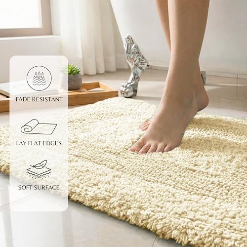THE BEER VALLEY Set of 2 Reversible Bath Rug 21x32/17x24 Inch, Light Yellow | Cotton Absorbent Bathmat for Bathroom, Washable Toilet Throw Thick Mat - color: Light Yellow, size: 1'9" x 2'8" (Rectangular)