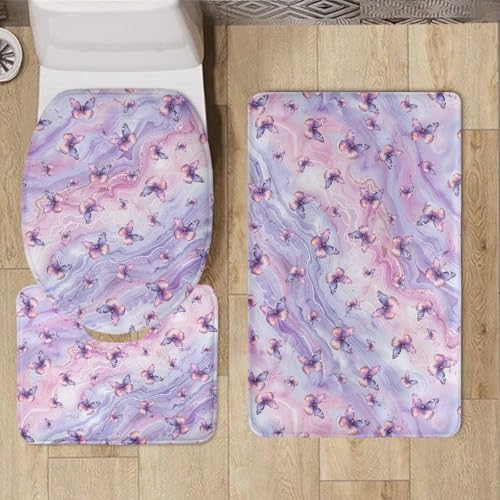 Butterfly Bathroom Rug Set Marble Texture Bathroom Rugs Sets 3 Piece Non-Slip 3 Piece Bathroom Rug Set Bathroom Toilet Seat Covers Toilet Seat Cover Set for Home Non-Slip Bathroom Mat Set - color: Butterfly Marble Texture