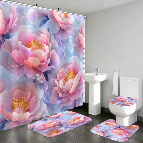 DDQQ 4Pcs Floral Shower Curtain Set Pink Flower Bathroom Sets with Shower Curtain and Rugs, Glitter Flowers Shower Curtain Set, Bathroom Decor Set, Bathroom Rugs Set Toilet Lid Cover Hooks - color: Pink Blue