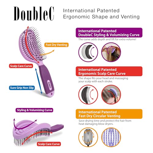 NuWay® DoubleC® Detangling Hair Brush – The Original Home Scalp-Care Brush – Patented Double Curved Scalp Care Hairbrush for Gentle Detangling, Volume Styling & Wet or Dry Hair (Lavender) - color: Lavender