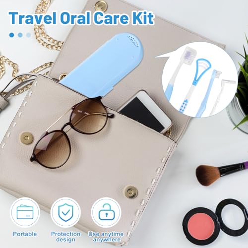 7-in-1 Travel Oral Care Kit with Case – Toothbrush, Tongue Scraper, Wisdom Toothbrush, Dental Floss, Floss Threaders, Interdental Brush, Dental Wax, Portable Hygiene Set for Daily Use Travel (Blue) - color: Blue