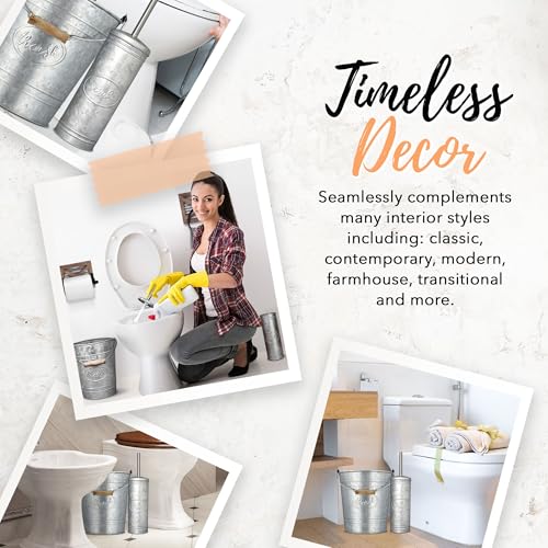 Autumn Alley Rustic Farmhouse Trash Can and Toilet Brush Holder Set - Galvanized Bathroom Trash Can with Matching Toilet Brush, Rustic Farmhouse Bathroom Decor, Grey, 2 Gal. - color: Galvanized, Grey
