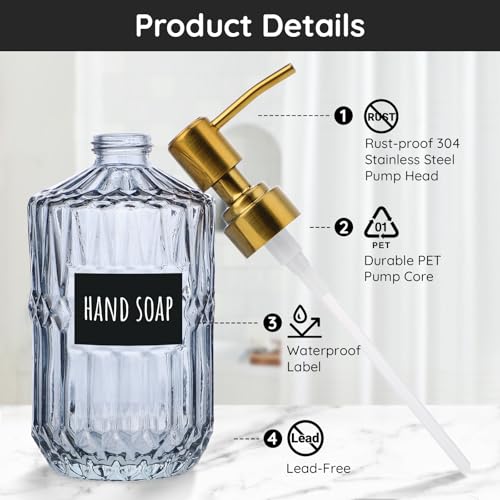 Segbeauty 15.2oz Glass Soap Dispenser Bathroom Bottle, 2pcs Gray Shampoo and Conditioner Dispenser with Labels, 450ml Pump Bottle for Kitchen, Lotion Cream Container with Golden Stainless Steel Pump - color: Gray Gold, size: 15.2oz/450ml