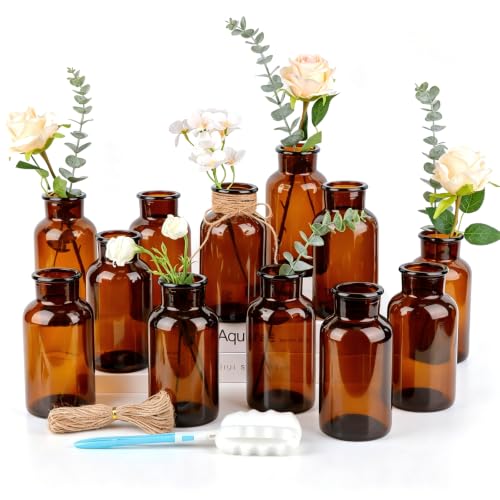 PINIWON Set of 12 Amber Bud Vases, Small Glass Vases, Vintage Medicine Bottles Apothecary Jars, Flower Vases for Home Decor, Wedding Centerpieces - color: Amber-12pack