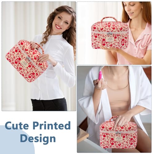 Gosect Large Makeup Bag, Cute Cosmetic Bag for Women Girls, Floral Coquette Aesthetic Toiletry Bag, Travel Make Up Organizer Bag (Pink Rose) - color: 014Pink Rose