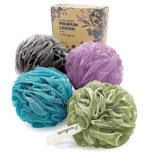 Spongentle Shower Loofah Bath Sponge, Body Scrubber with Soft Mesh, Exfoliating Bath Pouf and Body Wash Sponge for Women and Men, Bath Accessories Cleaning Tool, Large 60g 4 Pack - style: Ocean Breeze