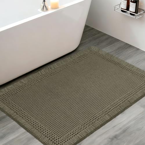 Upgraded Waffle Bath Mat, 32"x20" Greyish Green-Bordered, Super Absorbent Non-Slip Quick Dry Bathroom Rugs with Tassels, Machine Washable Ultra Soft Boho Bath Rugs, Toilet Mats Boho Farmhouse Decor - color: Greyish Green, size: 1'8" x 2'8" (Rectangular)