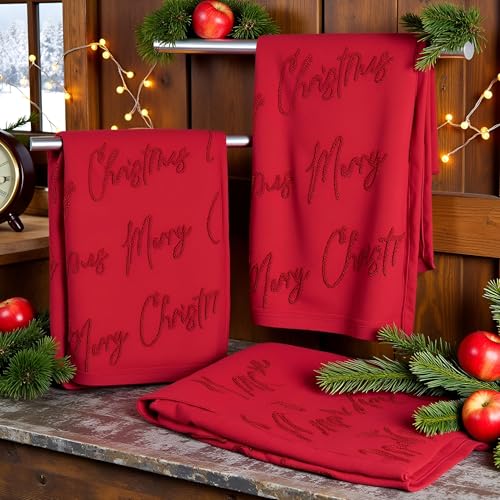 2 Pack Merry Christmas Hand Towels 100% Cotton Jacquard Holiday Kitchen Dish Towels Retro Neutral Red Bathroom Towels Set Gift Seasonal Xmas Winter Bathroom Decor (Red Merry Christmas) - color: Red Merry Christmas