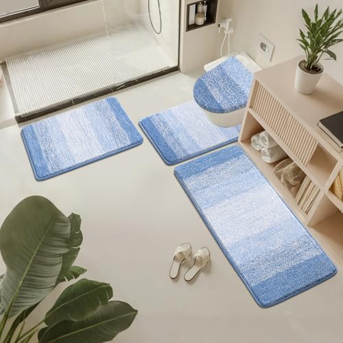 Bsmathom Bathroom Rugs Sets 4 Piece, Soft Absorbent Microfiber Bath Rugs with U-Shaped Contour Toilet Rug and Toilet Lid Cover, Thick Non-Slip Plush Shaggy Bath Mat Set,Light Blue - color: Light Blue, size: 18"x26"+18"x48"+U20"x24"+Cover19"x21"