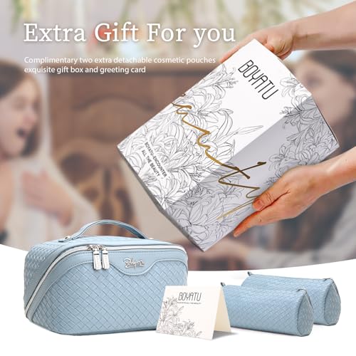 BOYATU Travel Makeup Bag Cosmetic Bags for Women: Large Capacity 3 Pcs Set Make up Bag with Compartments - Waterproof Vegan Leather Toiletry Organizer Bags with Handle (L04 Light Blue) - color: L04 Light Blue