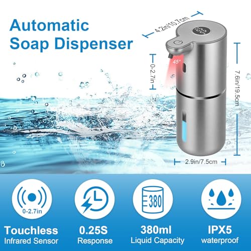 OHIFAST Automatic Liquid Soap Dispenser Touchless, USB Rechargeable Smart Hand Soap Dispenser, 6-Level Adjustable, 12.8oz/380mL Wall Mounted for Bathroom Kitchen Accessories Dish Soap-Silver - color: Silver, style: Liquid