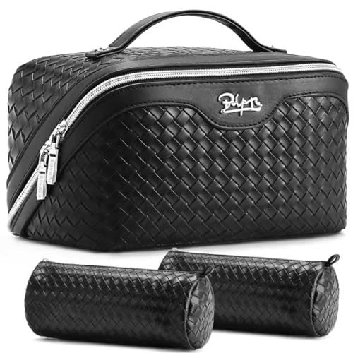 BOYATU Travel Makeup Bags for Women: 3 Pcs Large Make up Bags Set - Vegan Leather Cosmetic Bag for Traveling - Waterproof Toiletry Organizer (L05 Black) - color: L05 Black