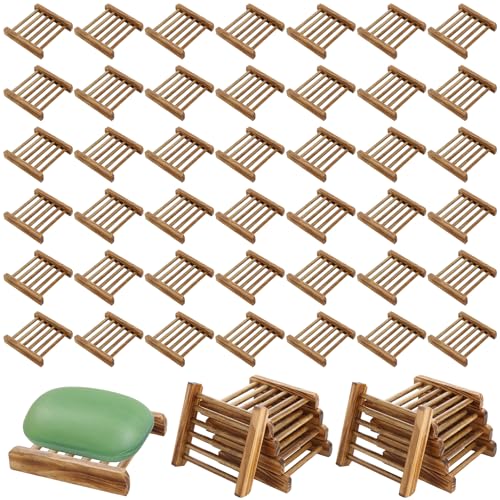 50 Pcs Bamboo Wood Soap Dish Bulk Natural Wooden Soap Holder Savers, Self-Draining Bathroom & Kitchen Soap Trays, Durable Handcrafted Wooden Soap Dishes 3.3 x 3.4 x 0.67 Inch