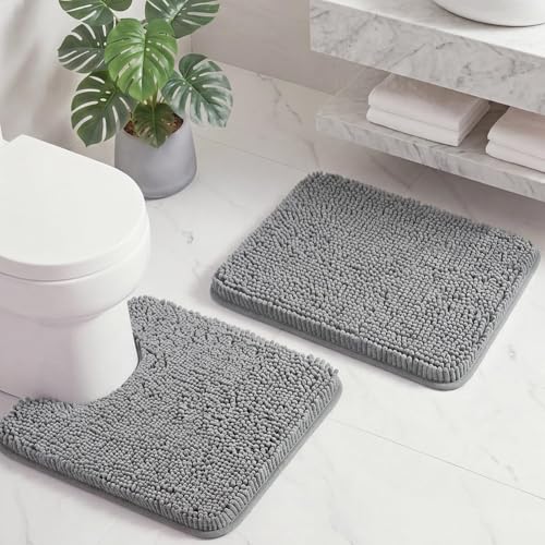 HUXMEYSON Bathroom Rugs Set 2 Piece, Ultra Absorbent Chenille Non Slip Bathroom Mat Set - 20'' x 24'' U-Shaped Contour Toilet Rug & 17'' x 24'' Extra Soft Plush Bath Mat - Machine Washable, Grey - color: Grey, size: 24" x 17" + U Shape 24" x 20"
