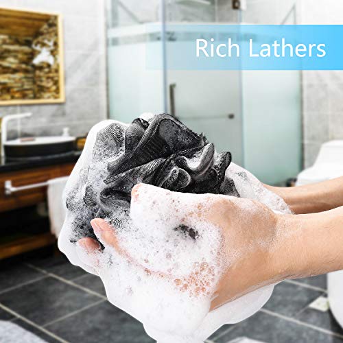 Yoget Bath Loofah Sponge, 4 Pack Black 60G Shower Mesh Ball Soft Pouf Body Scrubber, Exfoliate, Cleanse, Soothe Skin, Black Loofah with White Trim - style: Black