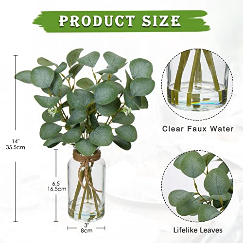 Briful Artificial Eucalyptus Stems in Glass Vase with Faux Water, 14" Fake Plant Eucalyptus Leaves for Home Farmhouse Wedding Centerpiece Bathroom Décor, 2 Packs - color: Clear Dual