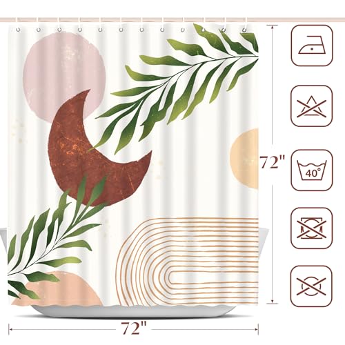 EOSAHR Boho Shower Curtain Set with 12 Hooks - Lightweight Polyester Bathroom Curtain, Machine Washable, Quick Dry - Moon & Leaf Abstract Art Design 71"x71" (Neutral Tones) - color: Boho - Moon