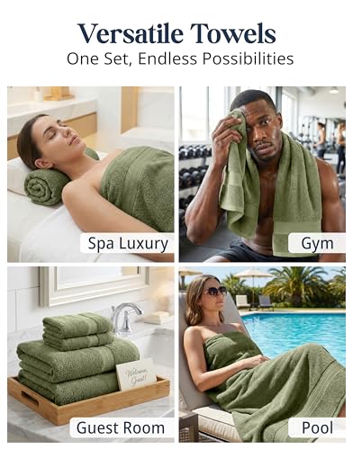LANE LINEN Luxury Cotton Bath Towel Pack of 16 - Softer, Highly Absorbent & Durable - 4 Bath, 8 Wash cloths, 4 Hand Towels for Bathroom - Premium Look, Spa Quality, Solid Dyed Towels - Oil Green - color: 15: Oil Green
