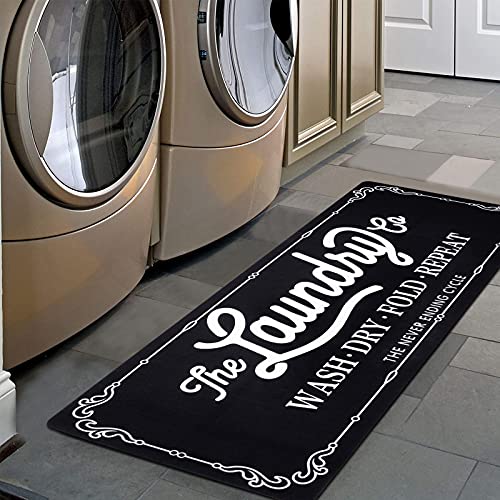 Pauwer Laundry Room Rug Runner 20"x48" Waterproof Rubber Laundry Mat Non Slip Kitchen Mats for Floor Washable Floor Mat Runner Rug for Farmhouse Mudroom Washroom Bathroom Decor - color: Black a, size: 1'8" x 4'