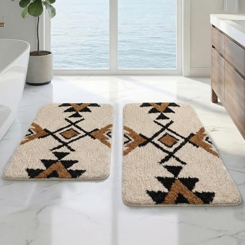 Arttown White Boho Aztec Vintage Bathroom Rug Set 2 Piece Fluffy Microfiber Bathroom Mat Non-Slip Water Absorbent Bath Rug Soft Washable Floor Rug for Tub Showers Laundry Room Decor (16"x24"+20"x32") - color: White Brown