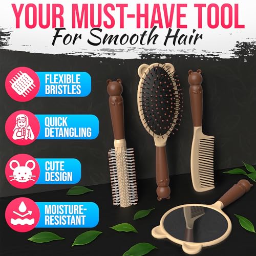 4 Pcs Hair Detangler Brush Set - Cute Combo of 3 Brush for Thick Hair and Mirror, Adorable Cat Design, Convenient Size & Ergonomic Handle | For Daily Use at Home and Travel, Suitable for Any Curl Type - color: 4 Pcs Cat Design Hair Detangler Brush Set