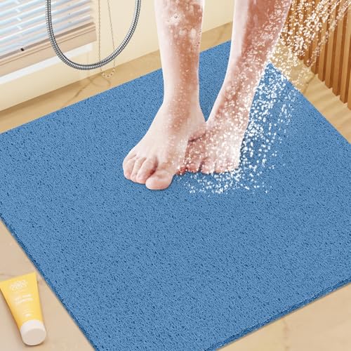 Shower Mat Bathtub Mat Non-Slip,24x24 inch, Soft Tub Mat with Drain,PVC Loofah Bath Mat (Phthalate Free) for Tub and Bathroom,Lake Blue - color: Lake Blue, size: 24" x 24" (Rectangular)