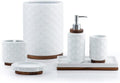 RQYIXI 6Pcs Ceramic Bathroom Accessories Set,Cream White,Embossed Textured | Ceramic & Wooden Bathroom set includes: Soap Dispenser Toothbrush Holder Tray Tumbler Soap Dish Trash Can - color: B-white