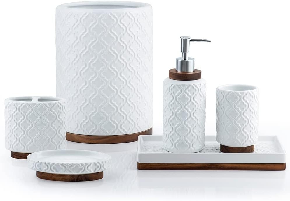 RQYIXI 6Pcs Ceramic Bathroom Accessories Set,Cream White,Embossed Textured | Ceramic & Wooden Bathroom set includes: Soap Dispenser Toothbrush Holder Tray Tumbler Soap Dish Trash Can - color: B-white