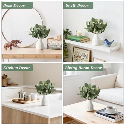 Dahey Artificial Eucalyptus Stems in Small Ceramic Vase Centerpiece Table Decorations Modern Farmhouse Decor Fake Eucalyptus Plants with Vase for Bathroom Kitchen Shelf Living Room Home Decor, White - color: White, size: Small