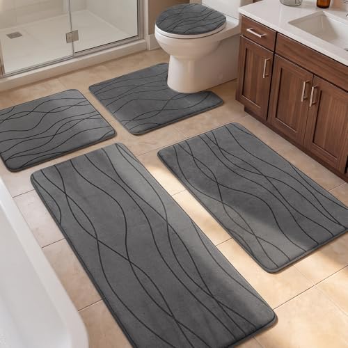 YIHOUSE Bathroom Rugs Set 5 Piece, Memory Foam Bath Mat Dark Grey | Ultra Soft, Absorbent, Non-Slip, Machine Washable, for Bathroom, Sink and Toilet - color: Dark Grey, size: 3'10" x 1'8" (Rectangular)
