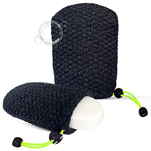MIG4U Exfoliating Soap Bag for Shower 2 Pieces - Bar Soap Saver Pouch, Bamboo Body Scrubber Exfoliator Pocket in Travel Bathing, Black - style: 1 exfoliation level