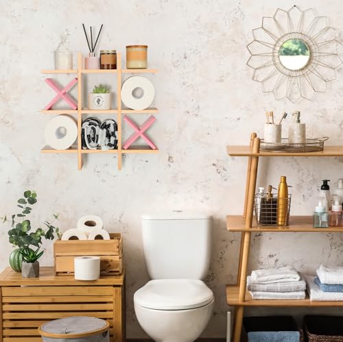 Weysat Tic Tac Toe Toilet Paper Holder Stand Bathroom Wall Decor Rustic Wooden Hanging Storage Freestanding Wall Mounted Shelves Decor for Toilet Tissue Farmhouse(Wood Color, Pink) - color: Wood Color, Pink