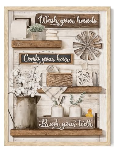 KISSFOX Framed Wall Art Bathroom Wall Decor Farmhouse Pictures Rustic Cotton Canvas Art Inspirational Quotes Paintings Artwork For Restroom - color: Vase-Bathroom, size: 16x20 in