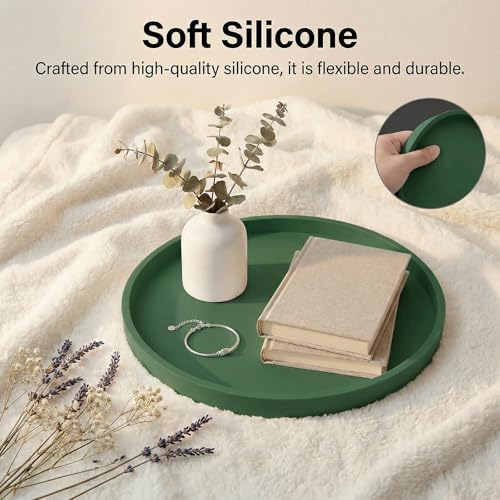 Round Green Silicone Decorative Bathroom Vanity Tray 9 Inch, Counter Tray for Bathroom Countertop Perfume Holder Dresser Organizer Coffee Table Candle, Non-Slip Durable for Home Use - color: Green, size: 9.1"