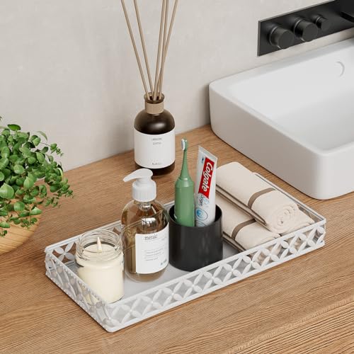Bathroom Vanity Tray for Countertop - 11" x 4.9" White Decorative Tray | Small Metal Rectangle Tray, Non-Slip Bathroom Counter Tray, Bathroom Organizer for Perfume Makeup Cosmetic Jewelry Soap - color: Rectangle Floral-white