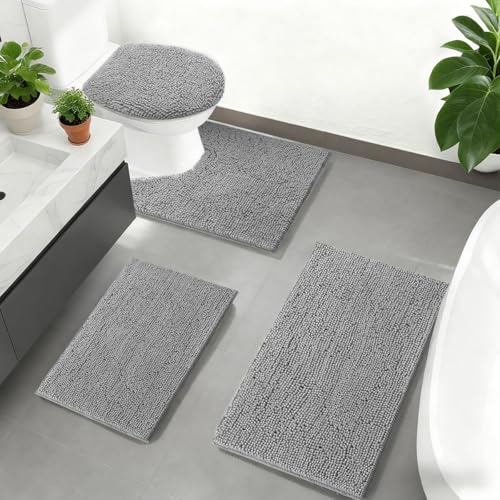 Bathroom Rugs Sets 4 Piece with Toilet Lid Cover, Non Slip Bathroom Mats Extra Soft Chenille Bath Rugs Absorbent Shaggy Rugs Perfect Plush Mats U-Shaped Toilet Rug and Toilet Cover Kitchen,Home Decor - color: Light Grey, size: 1'8" x 2'8" (Square + oval +