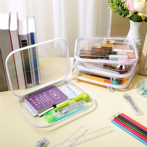 Hoolerry 4 Pcs Hard Clear Zipper Case Makeup Bags Plastic Zipper Pouch Transparent Storage Box Containers for Cosmetics, Snacks, Building Blocks, Puzzles(Clear,9.8 x 7.9 x 2 in,White) - color: White, size: 9.8 x 7.9 x 2 in