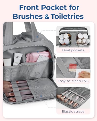 BAGSMART Travel Toiletry Bag, Lightweight Large Wide-open Travel Bag for Women, Puffy Cosmetic Makeup Bag Organizer with Handle for Accessories,Essentials, Toiletries, Grey - color: e-Grey