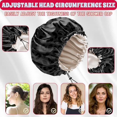 Luxury Shower Cap Satin Lined Reusable Waterproof Double Layer Elastic Adjustable Hair Bath Cap Cute Aesthetic Women Girls-Black Leopard - color: F3-Black Leopard