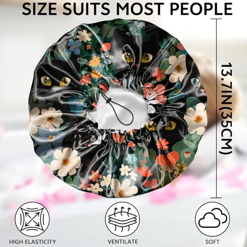 Shower Cap Adjustable Waterproof Double Layer Elastic Reusable Hair Bath Cap Cute Aesthetic for Women Girls-Cat Flower - color: R2-Cat Flower