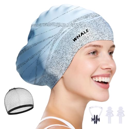 WHALE Extra Large Swim Cap Designed for Men and Women with Thick, Long Hair, Hair Extensions Or Afro-Textured Hair Long-Hair Swim Cap Highly Waterproof to Keep Hair Dry - color: Light blue
