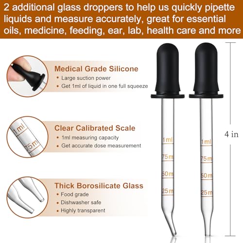 4 Pack, 2 oz Dropper Bottles with 2pcs Glass Pipettes(1ml) - Essential Oils Bottles for Health, Personal Care & Beauty - 60ml Thick Dark Amber Glass Tincture Bottle with Eye Droppers, Leakproof - color: with 2 Graduated Droppers