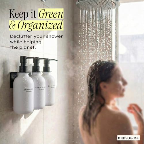 Shampoo and Conditioner Dispenser Wall Mounted Set of 3 White Black - No Drill Shower Soap Dispenser for Bathroom Refillable - Spa Hotel Style Accessories by MaisoNovo - color: White Black Set of 3