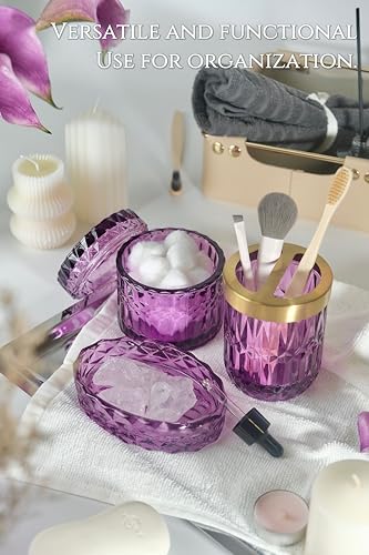 LaMrriti Purple Bathroom Accessories Set 5 Pcs, Glass Bathroom Set, Soap Dispenser and Toothbrush Holder Set, Q-tip Holder Set, Crystal Glass Vintage Bathroom Sink Set, Cute Bathroom Decor - style: Purple