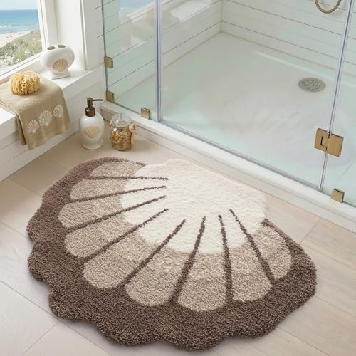 DEXI Seashell Bathroom Rugs Non Slip Washable, 31x24 Ultra Soft Cute Bath Mats for Bathroom Absorbent Quick Dry, Coastal Sea Bathmat for Shower Floor, Tub, Sink, Beige - color: Scallop Beige
