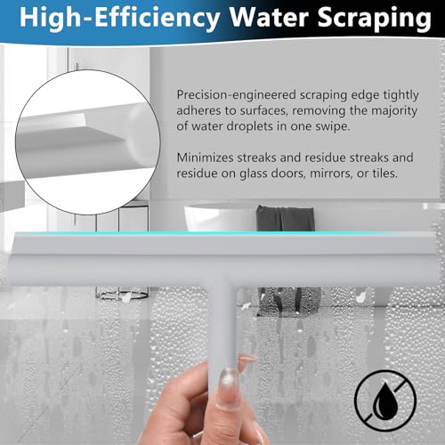 Shower Squeegee for Glass Doors, Full Silicone Jacketed Squeegee with Ergonomic Handle & No-Drill Hook, Cleaning Tool for Windows, Mirrors, Tiles, Bathroom & Car - Grey - color: Gray, size: without loop