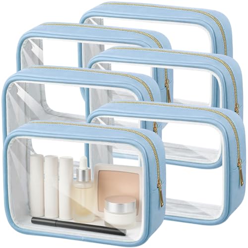 Abbylike 6 Pcs Clear Makeup Bags Bulk PU Leather Cosmetic Pouches Transparent Toiletry Bags with Zipper Waterproof Purse Skincare Car Organizer for Girl Women Travel Gifts(Lake Blue) - color: Lake Blue