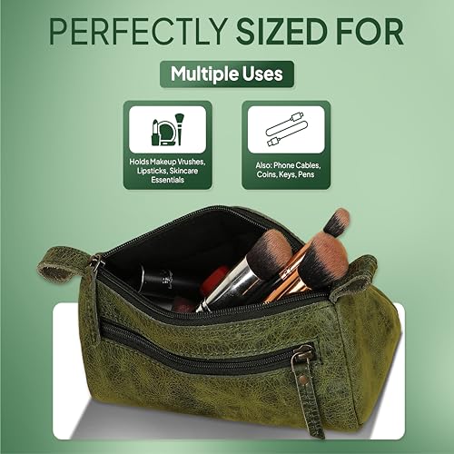 Leather Makeup Bag for Women – Genuine Leather Cosmetic Bag Travel, Handmade Zippered Makeup Pouch, Small Toiletry Bag, Shaving Kit & Stationery Organizer- Forest Green - color: Green
