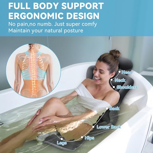 Full Body Bath Pillow for Bathtub RUVINCE Ergonomic Luxury Bathtub Pillow with Head,Neck, Shoulder and Back Support, 6D Bath Pillows for tub with 192 Powerful Suction Cups, Fits All Bathtub - color: Grey